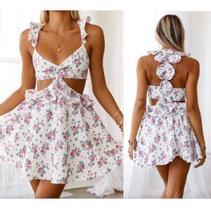Hello Molly | Wandering Heights White Floral Mini Dress with Cut Outs | Size	6
